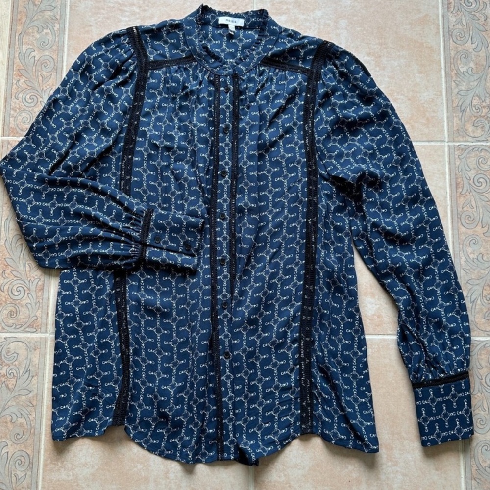 Reiss Navy Chain Patterned Lace Details Blouse - Picture 2 of 3
